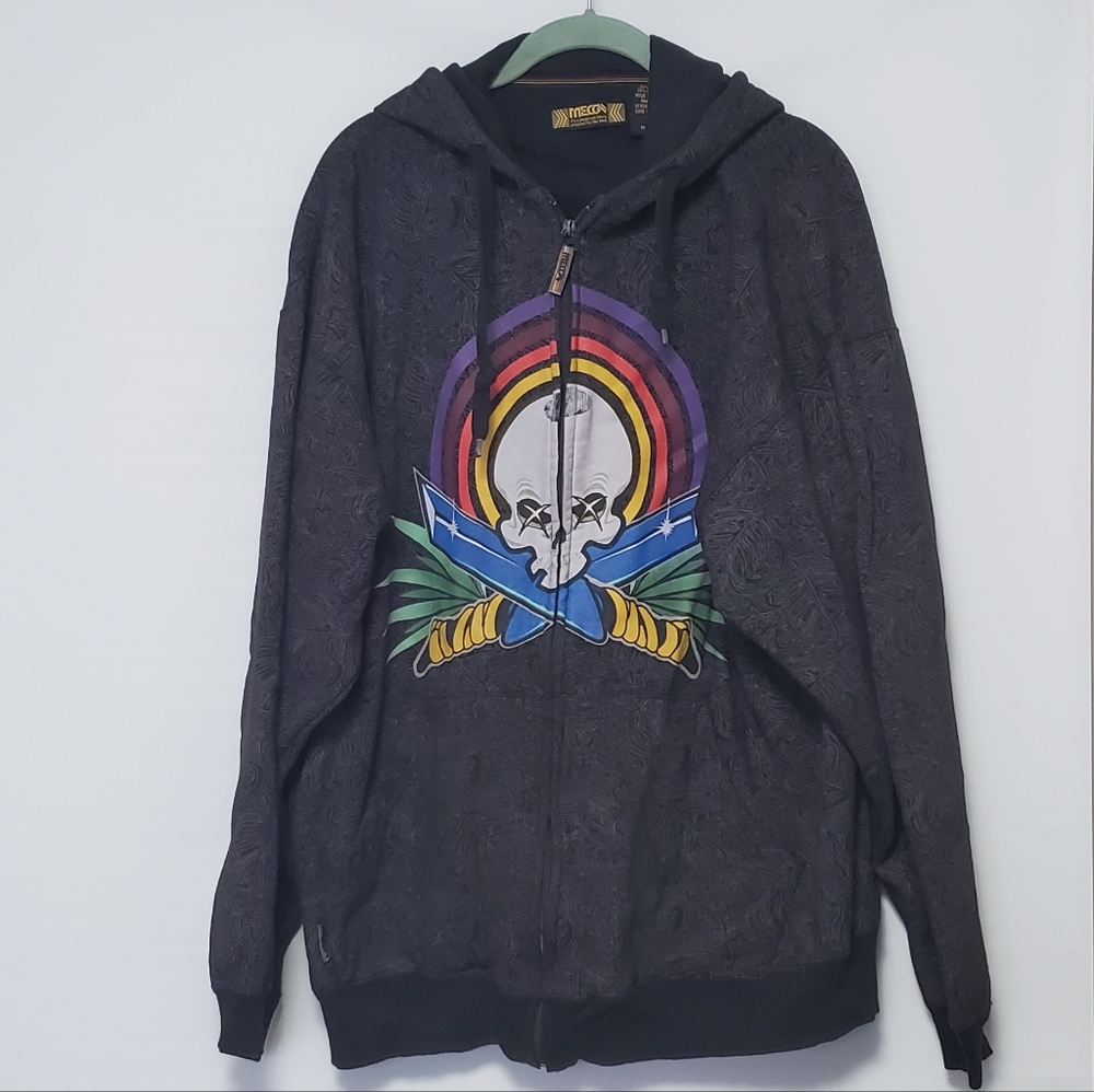 MECCA long sleeve zip-up dark gray hoodie with skull graphic XL